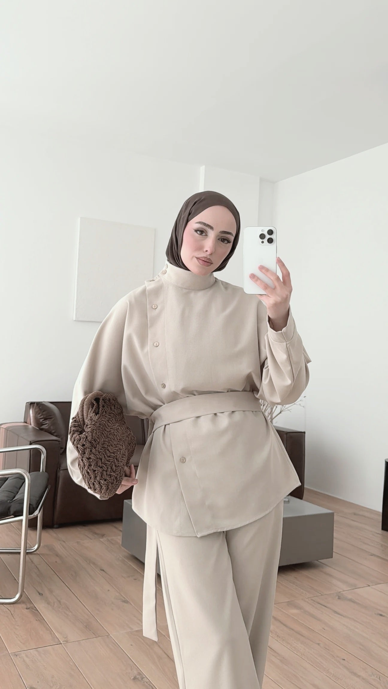 Belted side buttons shirt ,waistband straight leg trouser co-ord set-beige