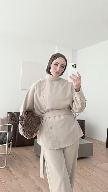 Belted side buttons shirt ,waistband straight leg trouser co-ord set-beige