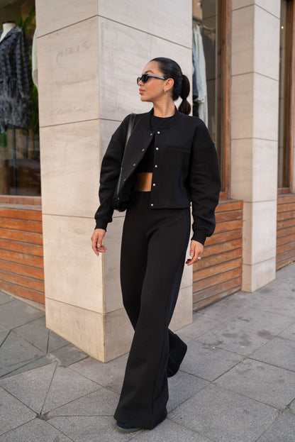 Oysho fabric bomber jacket, wide leg trouser suit