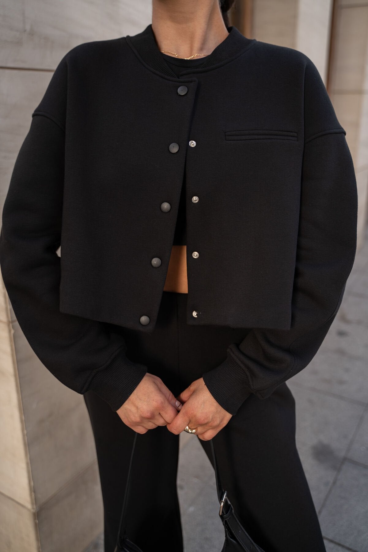 Oysho fabric bomber jacket, wide leg trouser suit