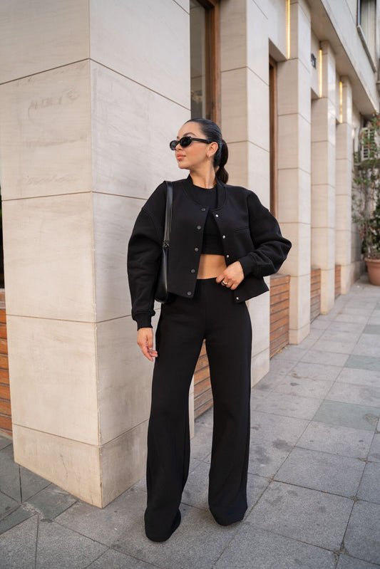 Oysho fabric bomber jacket, wide leg trouser suit