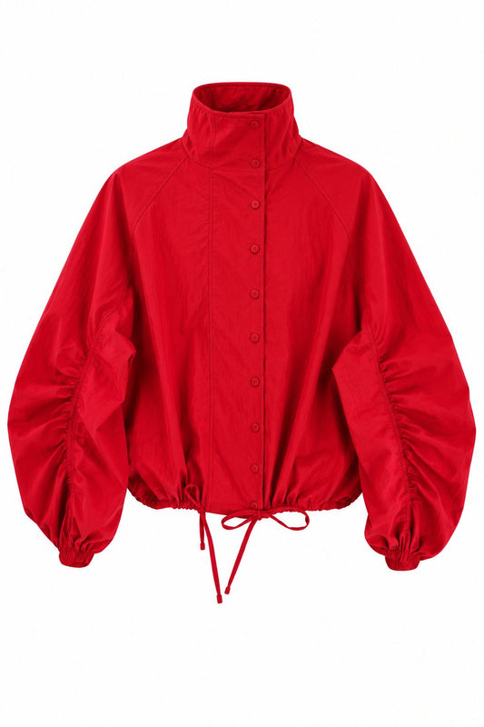 Lightweights Jacket with Gathered Sleeves and Stand-Up Collar - red