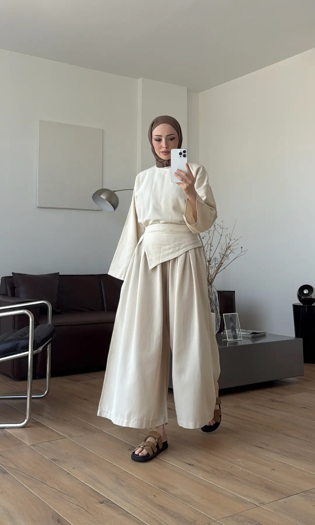 Wide sleeve blouse, Wide-leg trouser with Asymmetric attached Linen Suit