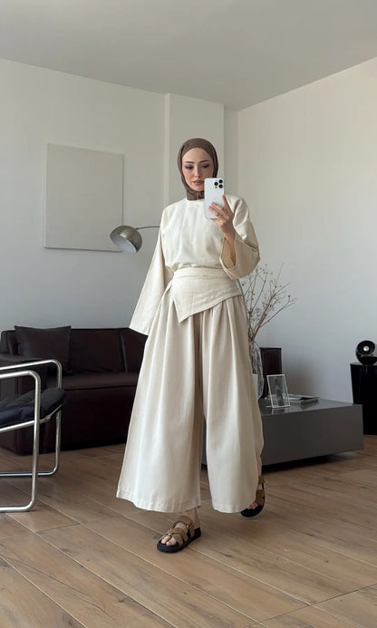 Wide sleeve blouse, Wide-leg trouser with Asymmetric attached Linen Suit