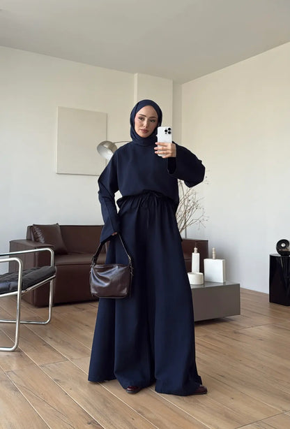Linen Wide-Leg Blouse Set - navy blue