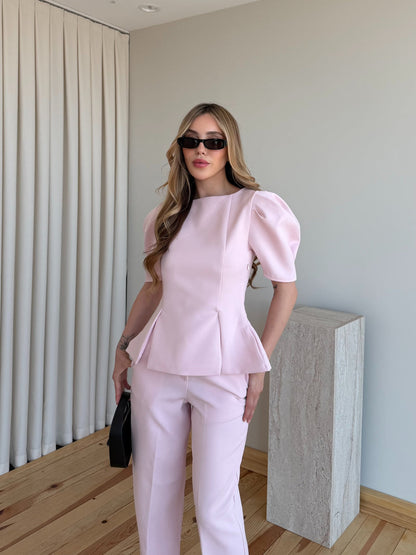 Pink Mateo Balloon Sleeve Blouse and Pants Set