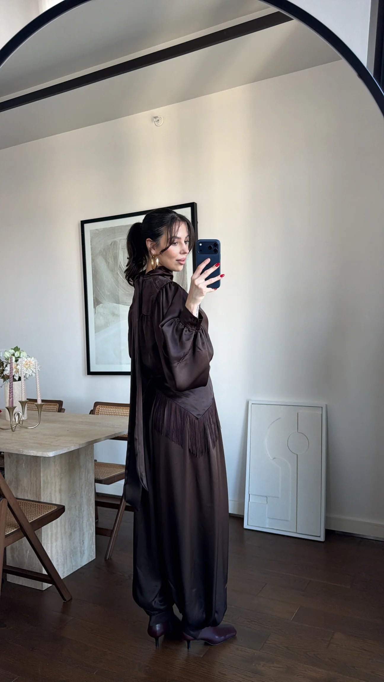 TIE-UP SATIN BLOUSE AND BELT-STYLE HARLING PANTS SET