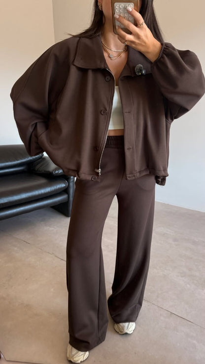 Oversized jacket with waistband straight leg trouser oysho fabric set - brown