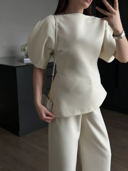 ASYMMETRICAL CUT BALLOON SLEEVE PREMIUM SET-BEIGE
