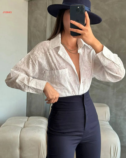 Openwork embroidery shirt