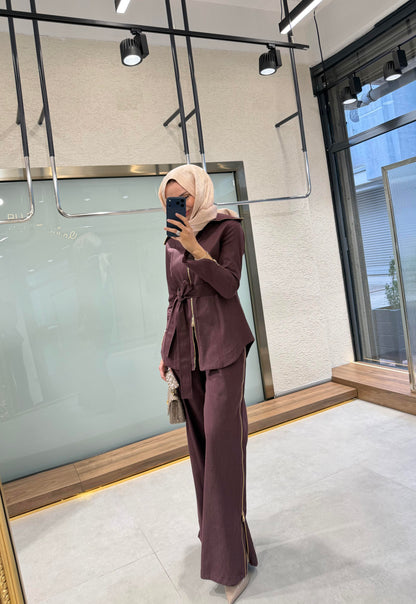 Full-zip denim shirt with side-zip straight-leg trousers co-ord set -burgundy