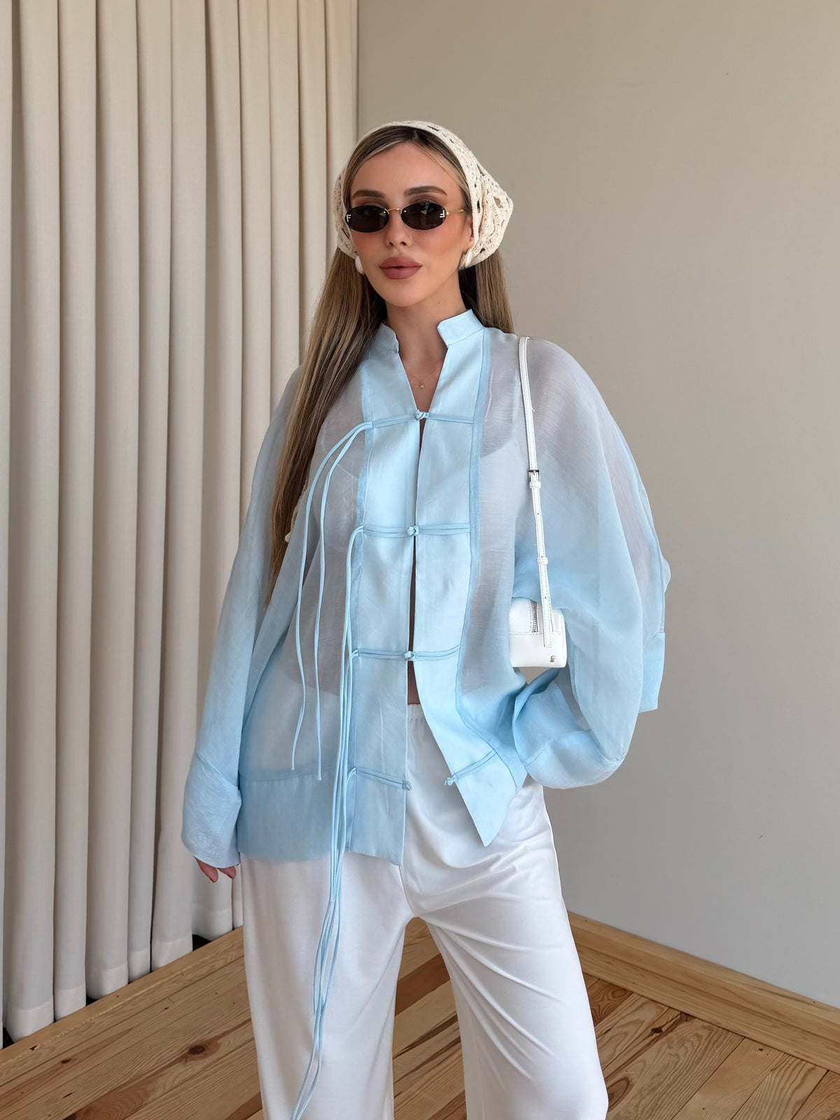 Chinese Buttoned Transparent Shirt - blue