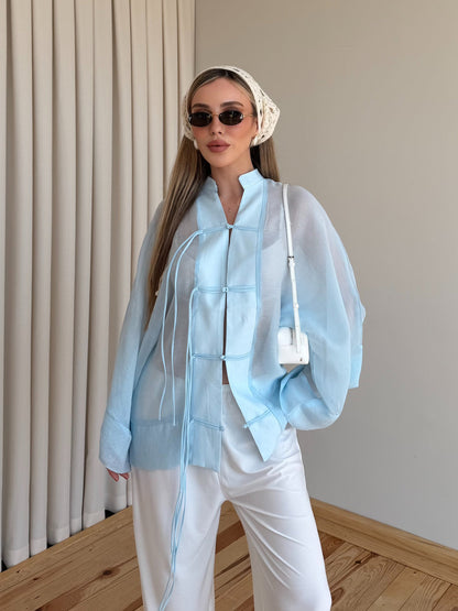 Chinese Buttoned Transparent Shirt - blue