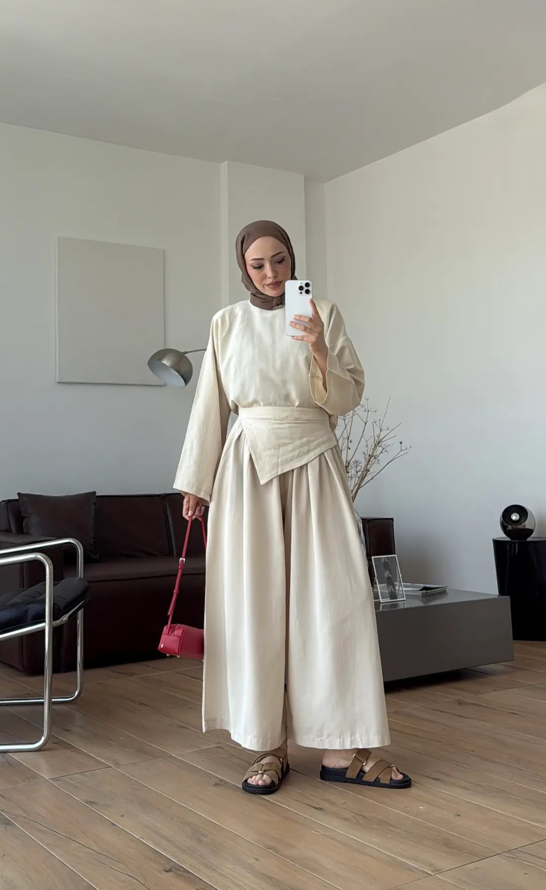 Wide sleeve blouse, Wide-leg trouser with Asymmetric attached Linen Suit