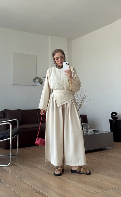 Wide sleeve blouse, Wide-leg trouser with Asymmetric attached Linen Suit