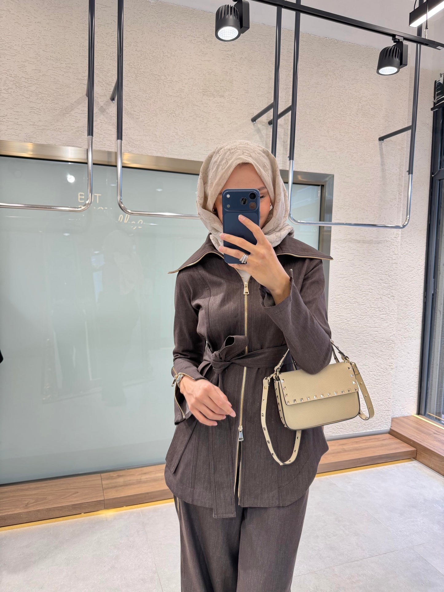 Full-zip denim shirt with side-zip straight-leg trousers co-ord set - brown