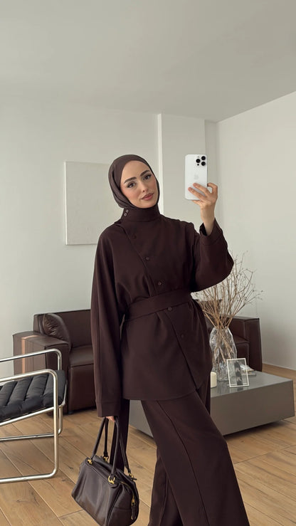 Belted side buttons shirt ,waistband straight leg trouser co-ord set-brown
