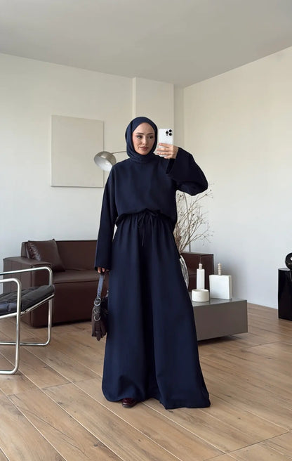 Linen Wide-Leg Blouse Set - navy blue