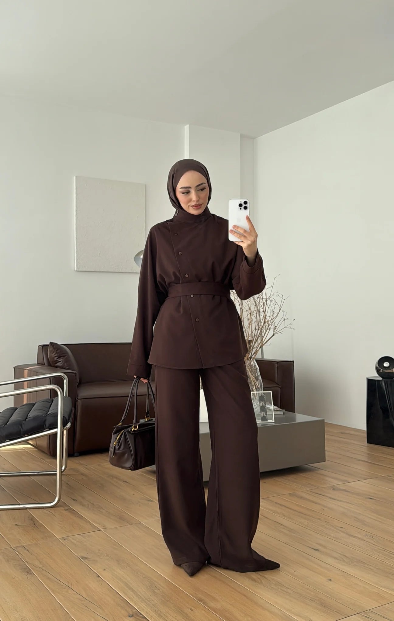Belted side buttons shirt ,waistband straight leg trouser co-ord set-brown