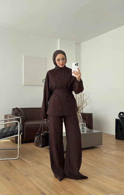 Belted side buttons shirt ,waistband straight leg trouser co-ord set-brown