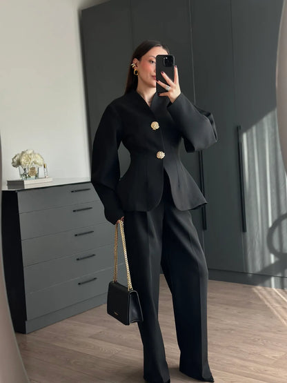 Balloon Sleeve waist-fitted pleated suit