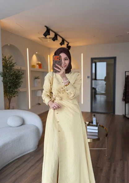Wrap Dress in Cupro Fabric with Gold Buttons