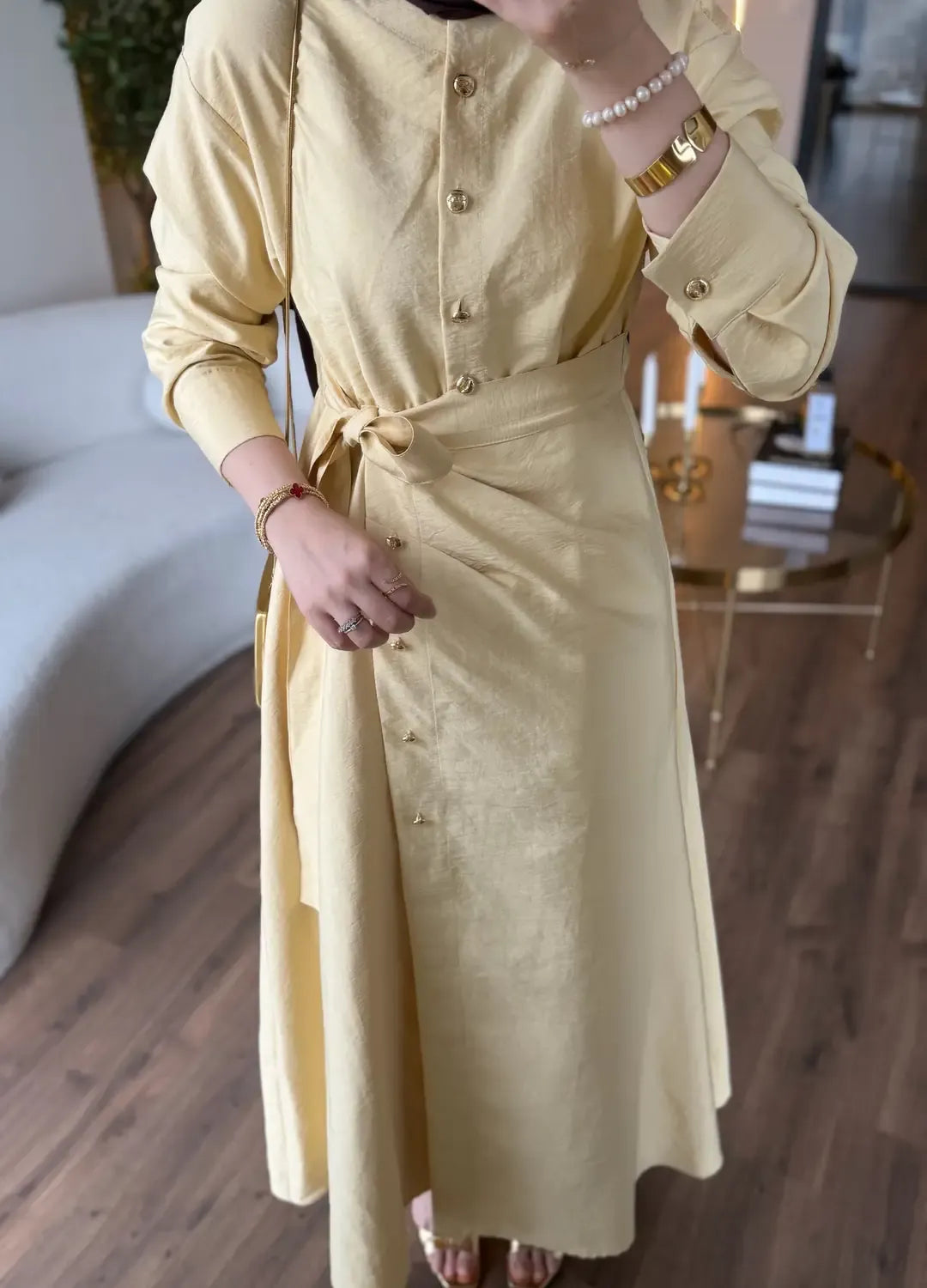 Wrap Dress in Cupro Fabric with Gold Buttons
