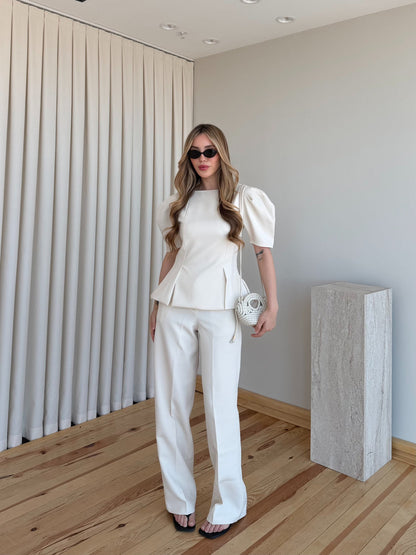 Beige Mateo Balloon Sleeve Blouse and Pants Set