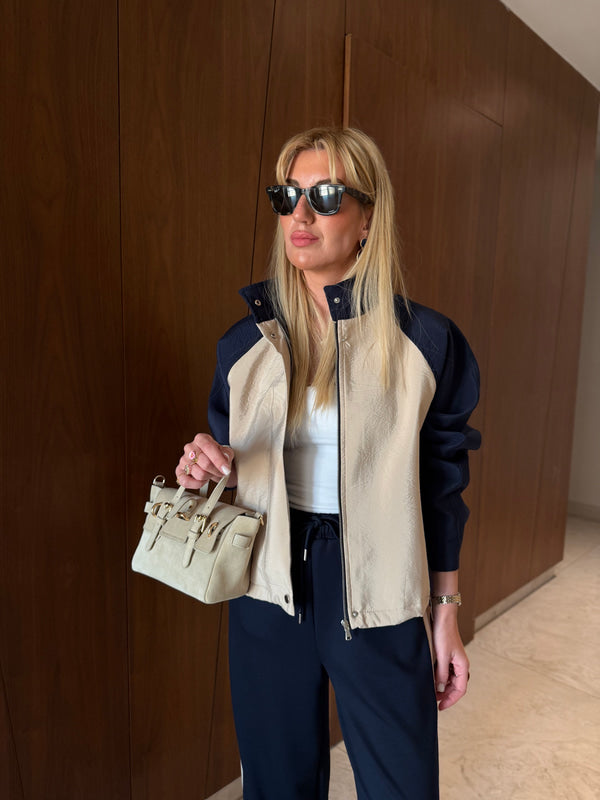 Navy Blue Beige Contrast Tracksuit Set