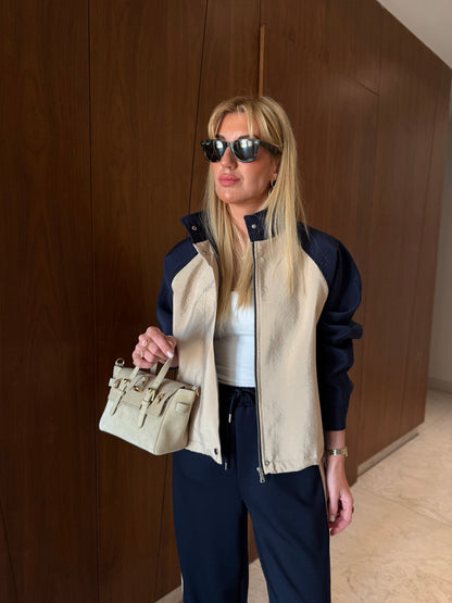 Navy Blue Beige Contrast Tracksuit Set