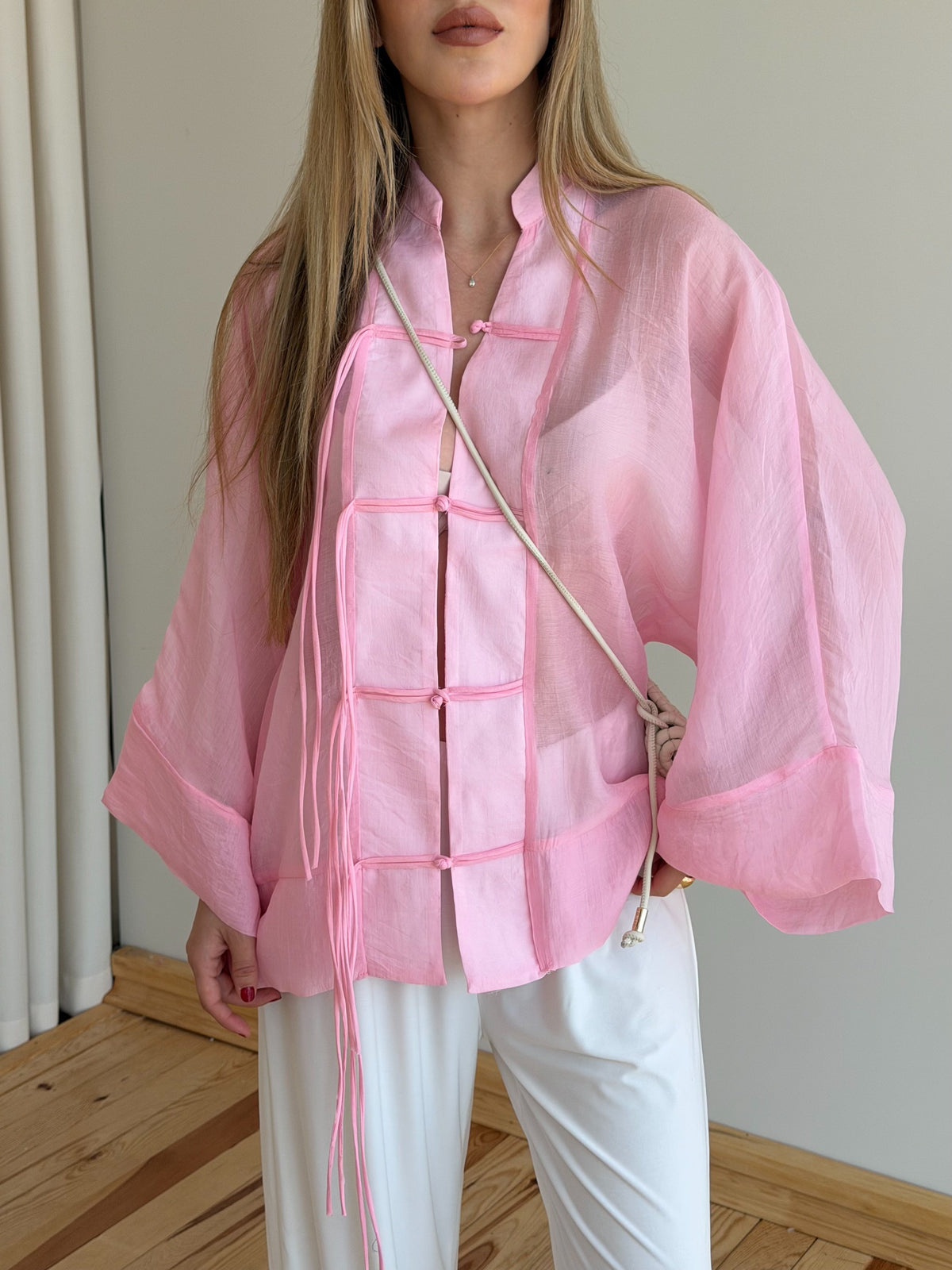 Chinese Buttoned Transparent Shirt - pink