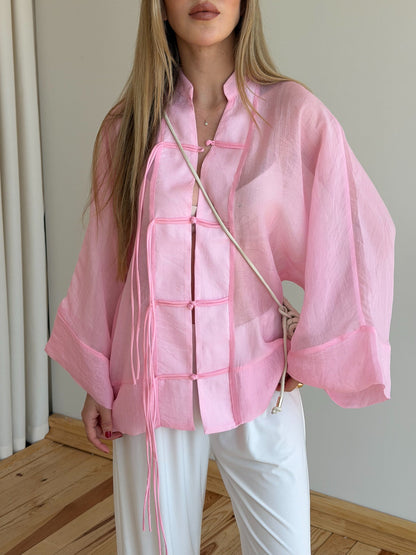 Chinese Buttoned Transparent Shirt - pink