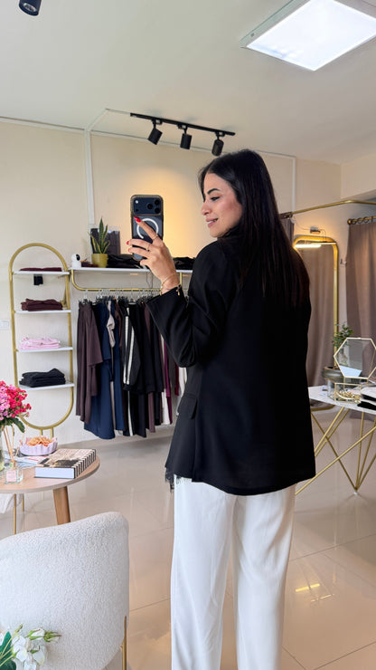 Lace-trimmed Black Premium blazer with belt