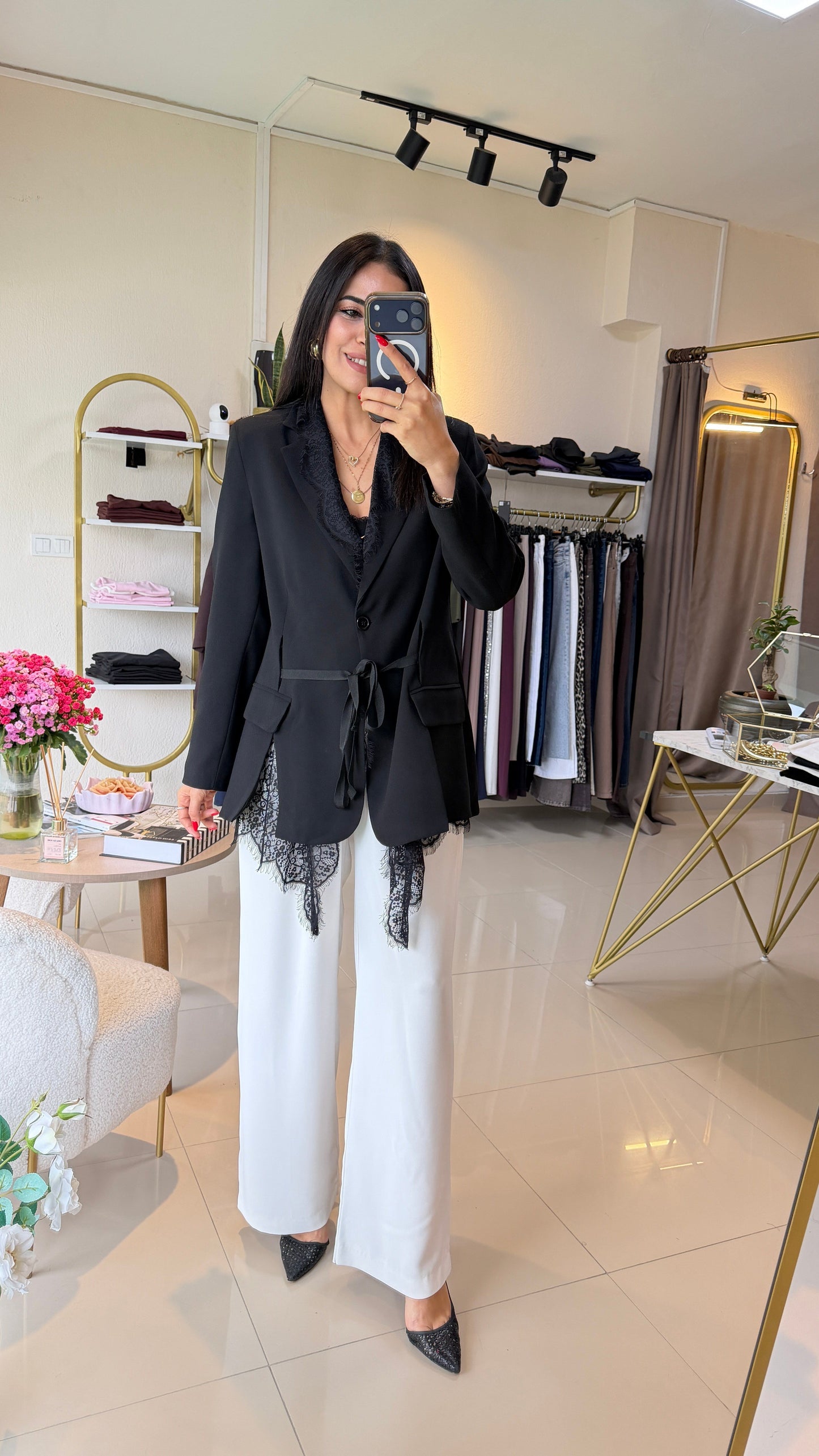 Lace-trimmed Black Premium blazer with belt