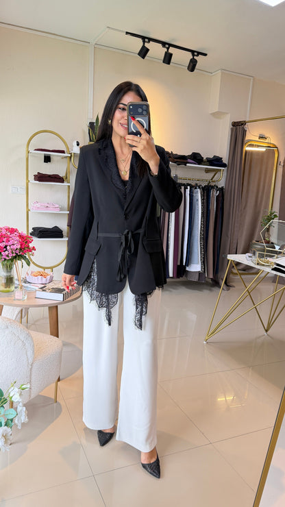 Lace-trimmed Black Premium blazer with belt
