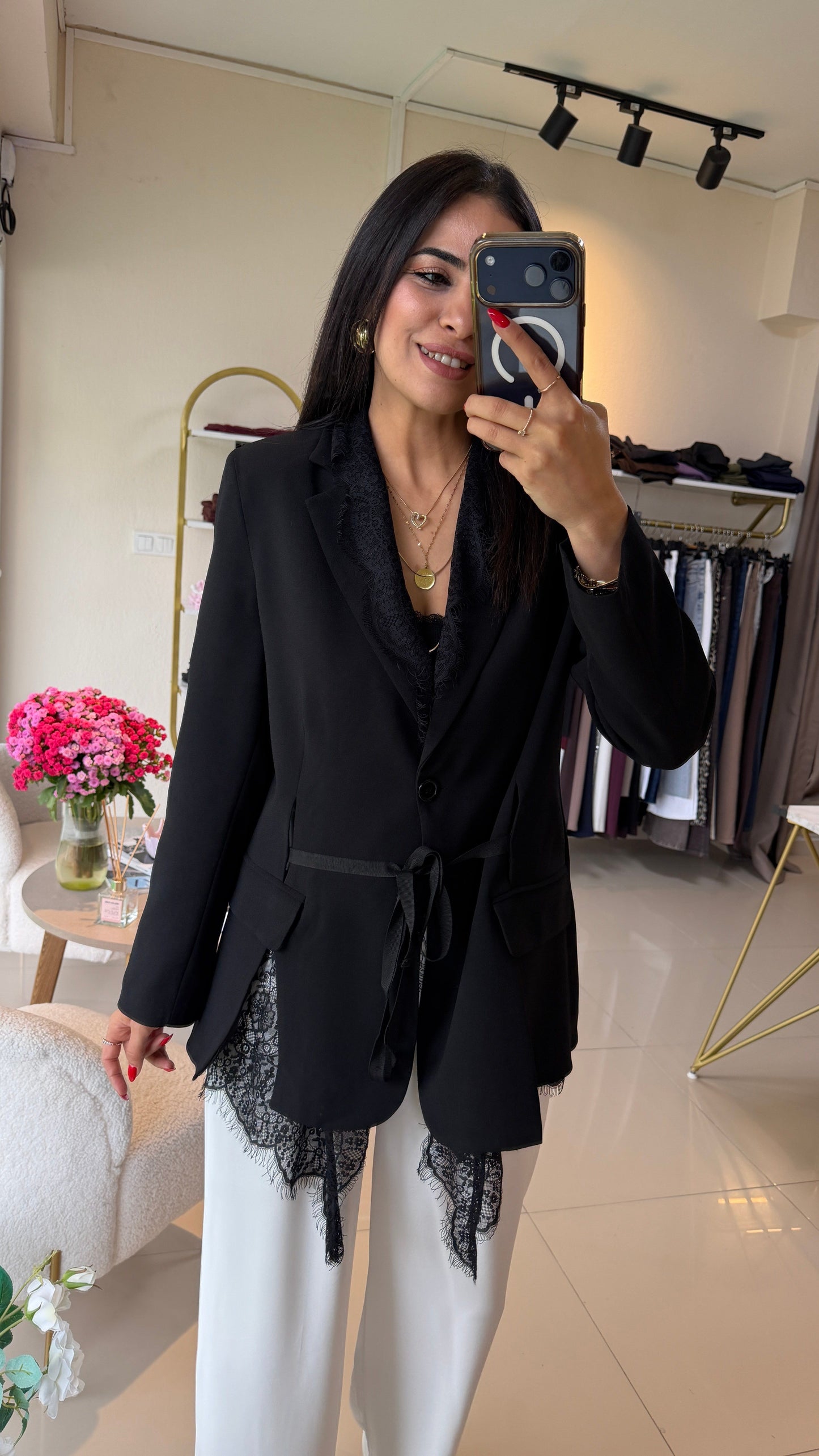 Lace-trimmed Black Premium blazer with belt
