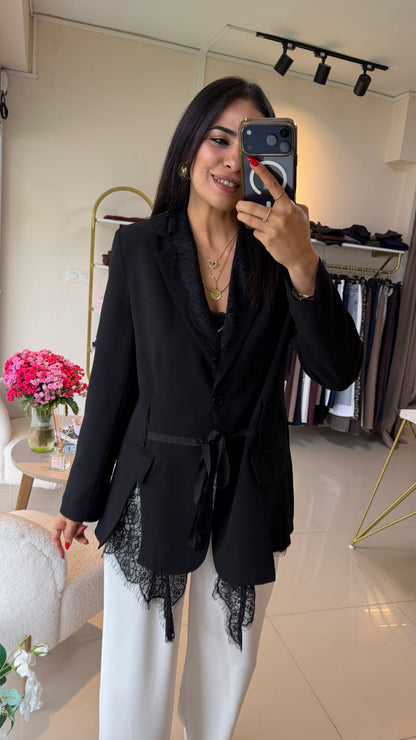 Lace-trimmed Black Premium blazer with belt
