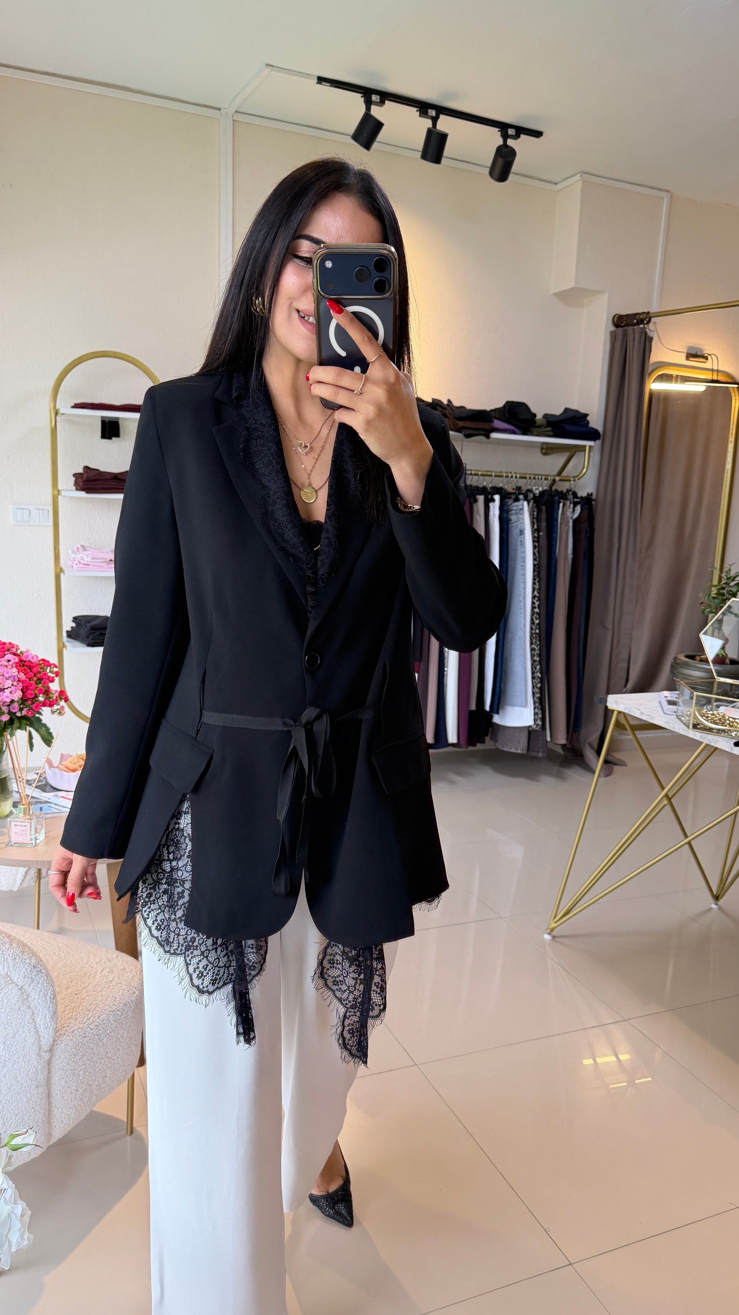 Lace-trimmed Black Premium blazer with belt