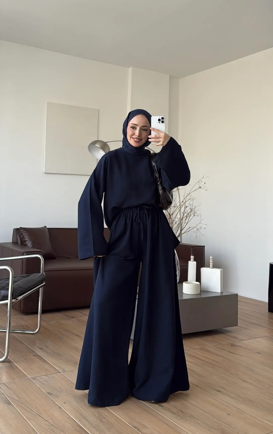 Linen Wide-Leg Blouse Set - navy blue