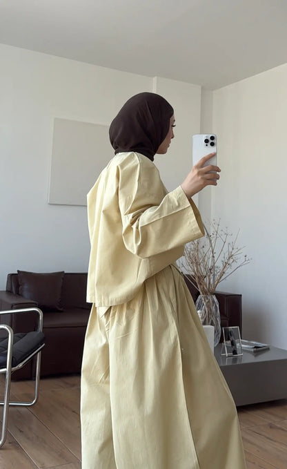 Wide sleeve blouse, Wide-leg trouser with Asymmetric attached Linen Suit