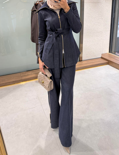 Full-zip denim shirt with side-zip straight-leg trousers co-ord set - navy blue