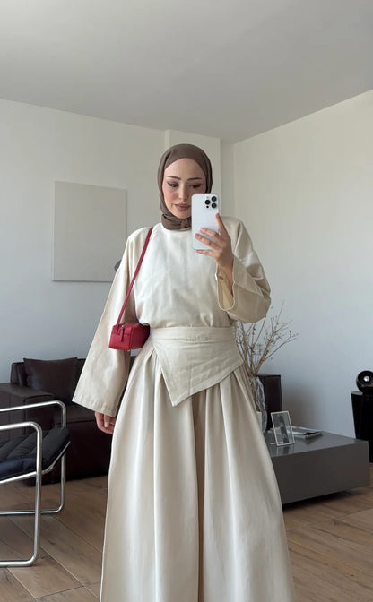 Wide sleeve blouse, Wide-leg trouser with Asymmetric attached Linen Suit