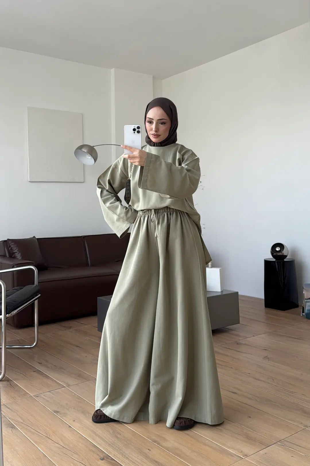 Linen Wide-Leg Blouse Set in Light Green