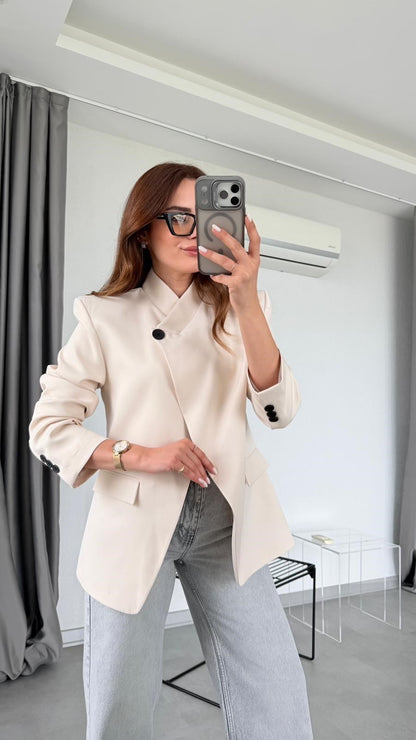Asymmetrical Mandarin Collar blazer with Button Details - beige