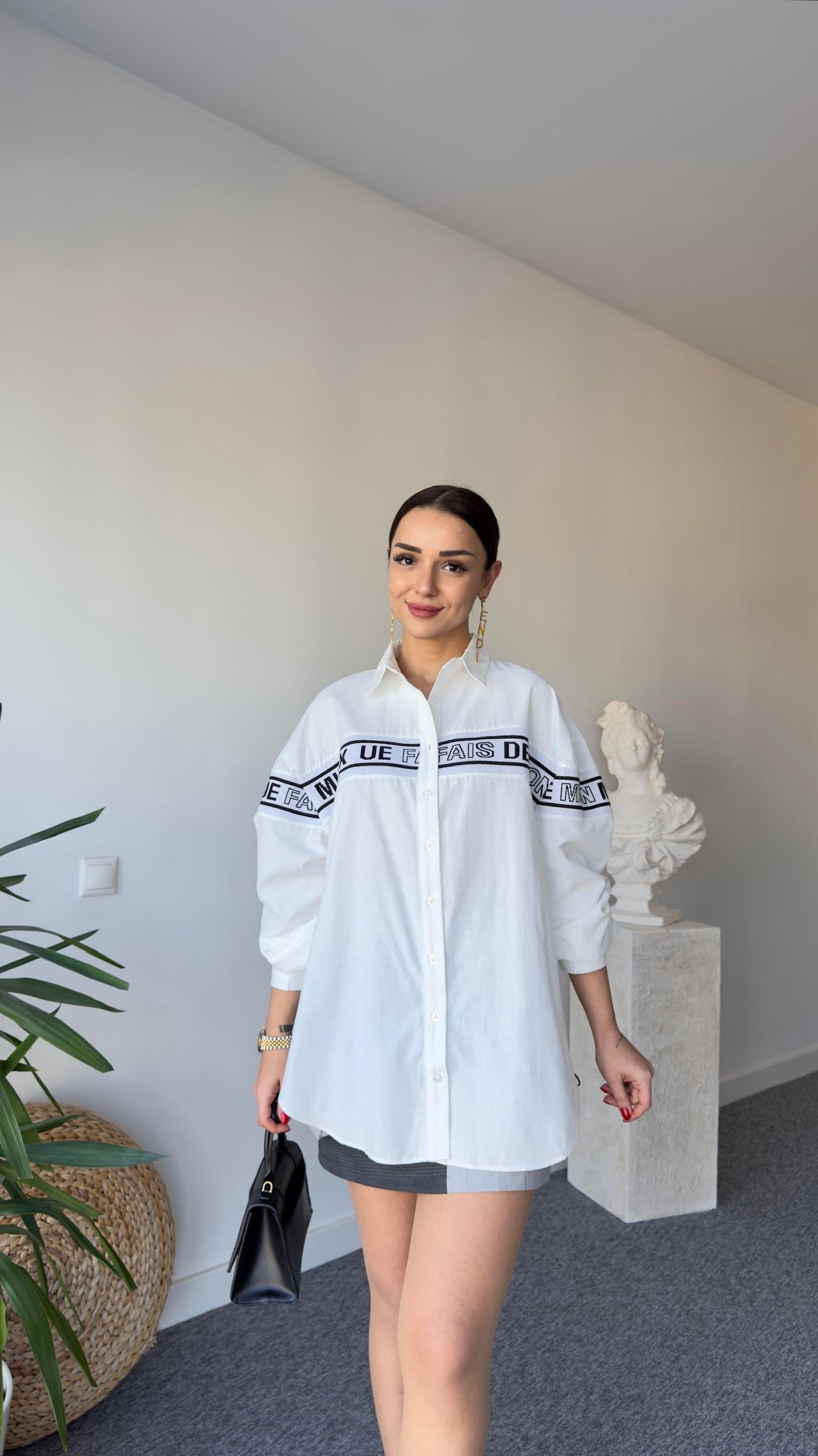 Knitted Stripe Text Detail White Shirt