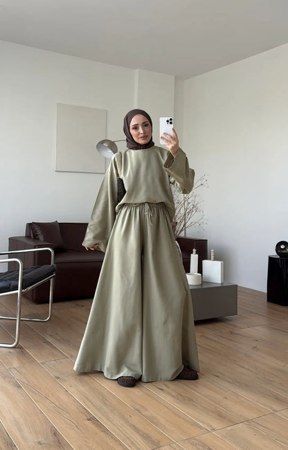 Linen Wide-Leg Blouse Set in Light Green