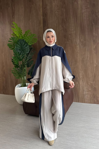 Contrast premium tencel set- navy blue