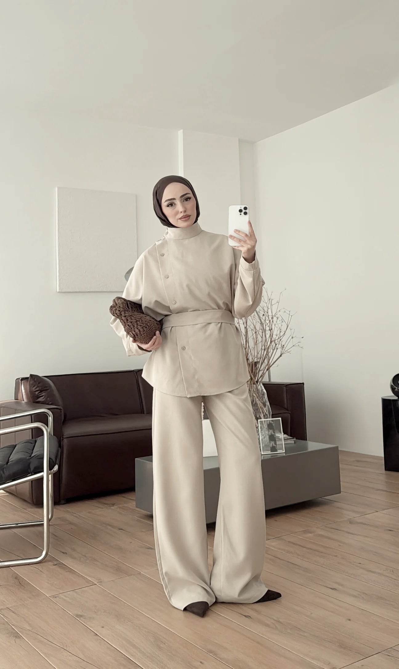 Belted side buttons shirt ,waistband straight leg trouser co-ord set-beige
