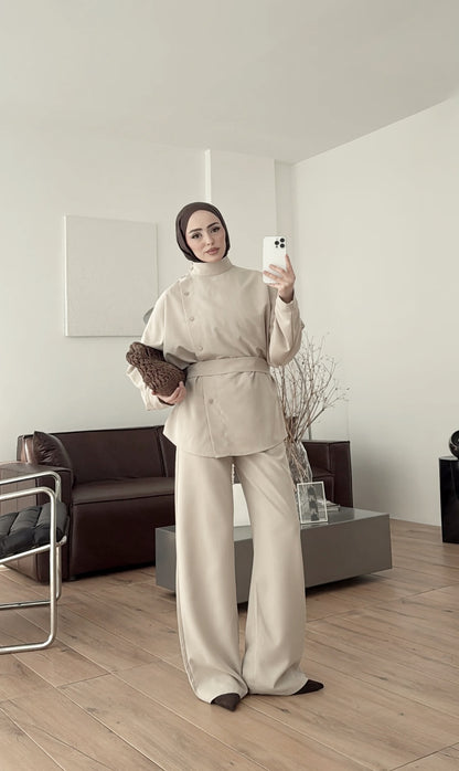 Belted side buttons shirt ,waistband straight leg trouser co-ord set-beige