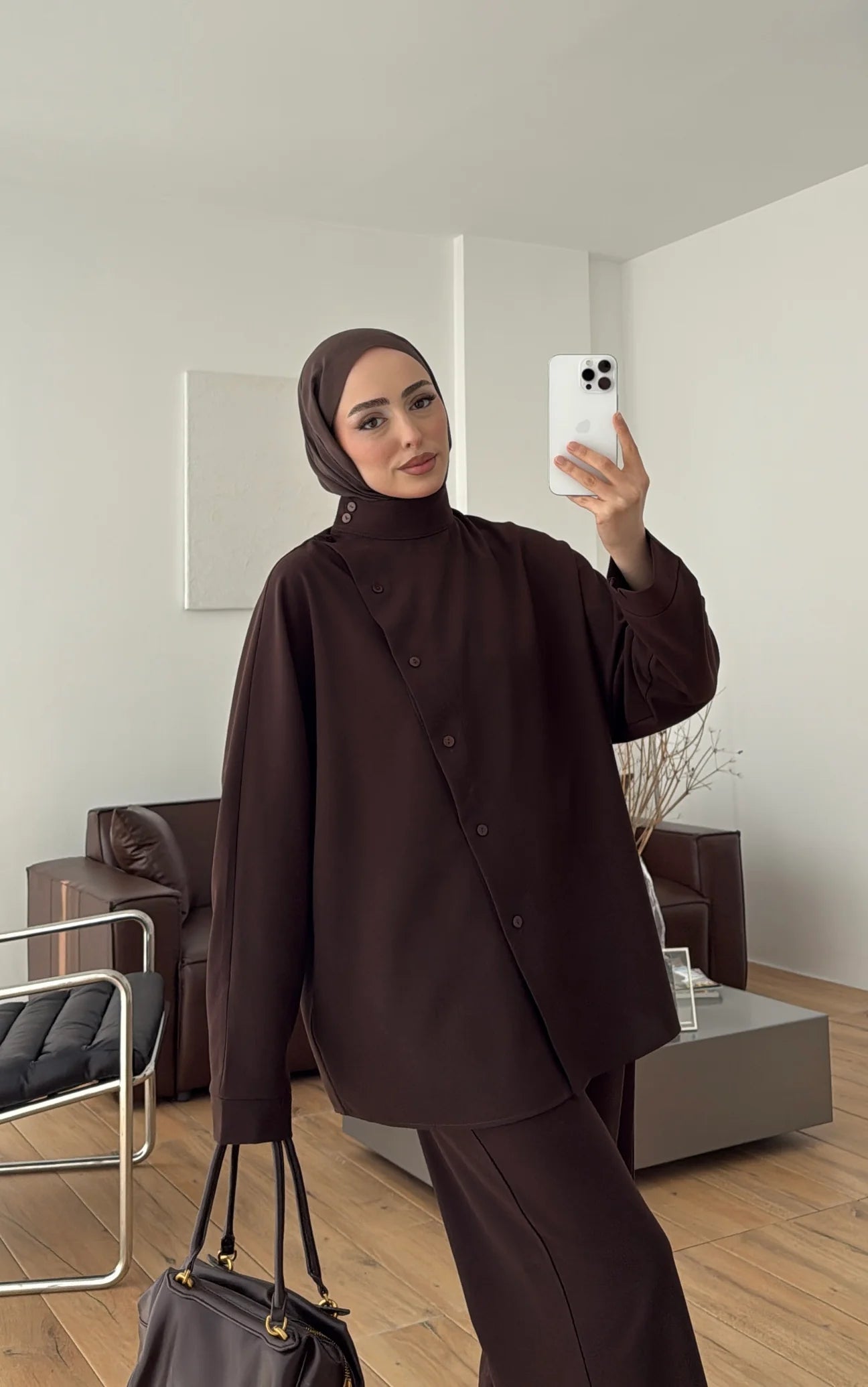 Belted side buttons shirt ,waistband straight leg trouser co-ord set-brown
